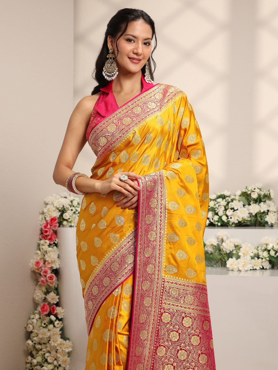 Libas Art Mustard Ethnic Woven Design Satin Saree With Unstitched Blouse Piece