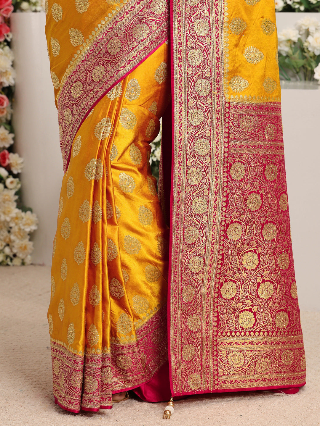 Libas Art Mustard Ethnic Woven Design Satin Saree With Unstitched Blouse Piece