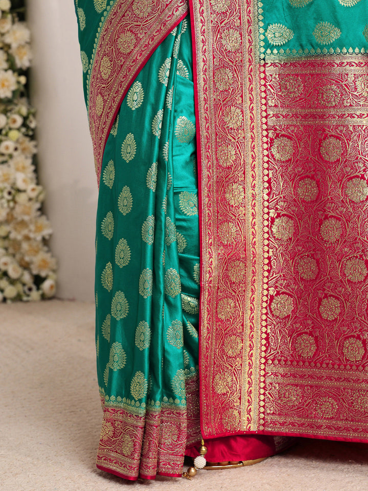 Libas Art Green Ethnic Woven Design Satin Saree With Unstitched Blouse Piece