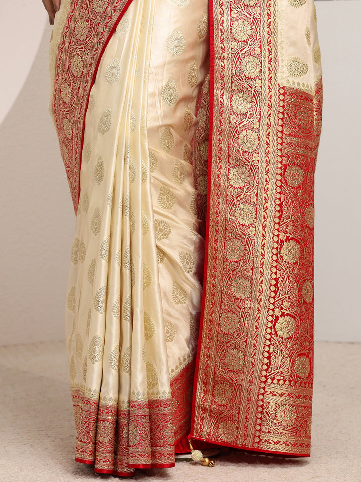 Libas Art Ivory Ethnic Woven Design Satin Saree With Unstitched Blouse Piece