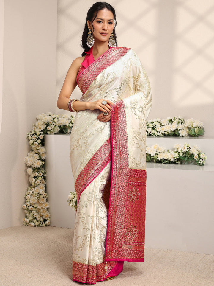 Libas Art Ivory Floral Woven Design Satin Saree With Unstitched Blouse Piece