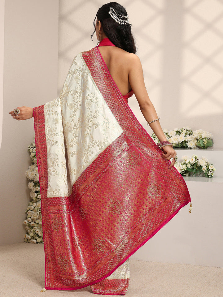 Libas Art Ivory Floral Woven Design Satin Saree With Unstitched Blouse Piece