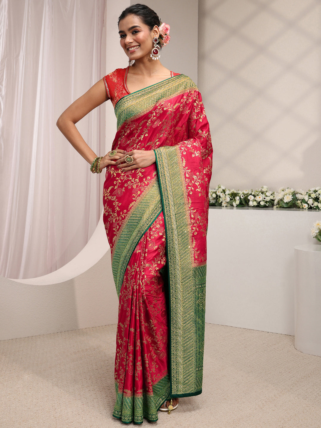 Libas Art Pink Floral Woven Design Satin Saree With Unstitched Blouse Piece
