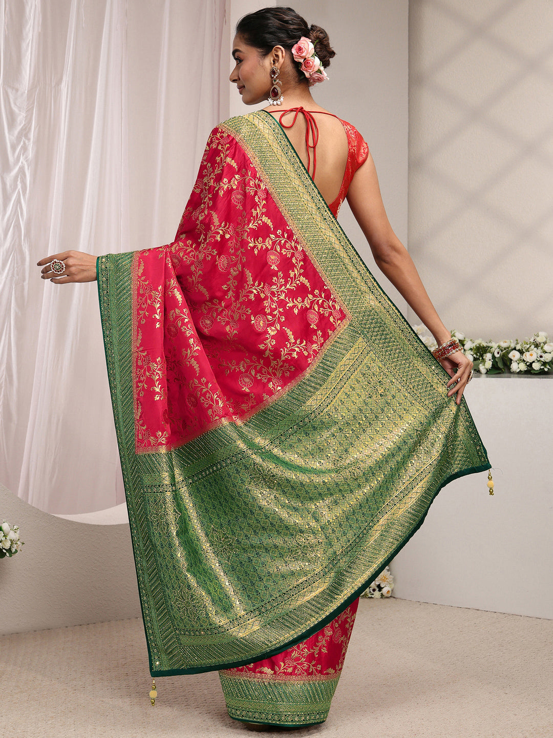 Libas Art Pink Floral Woven Design Satin Saree With Unstitched Blouse Piece