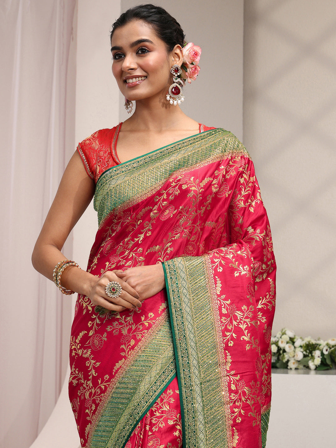 Libas Art Pink Floral Woven Design Satin Saree With Unstitched Blouse Piece