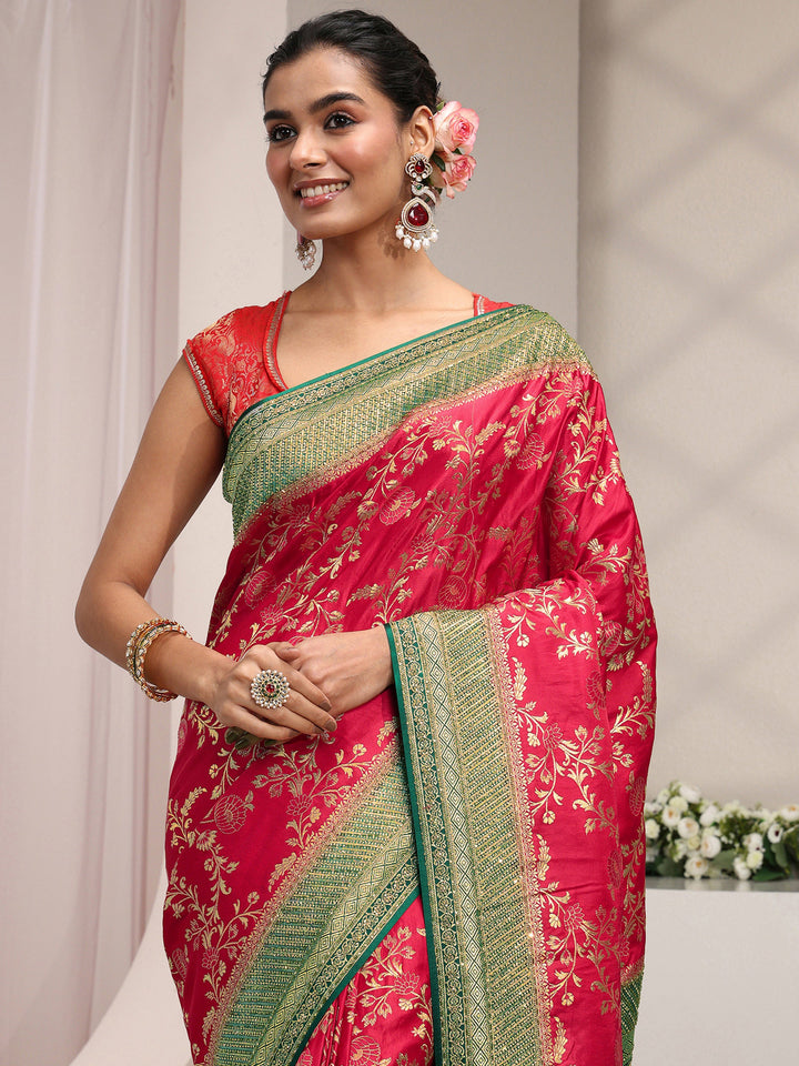 Libas Art Pink Floral Woven Design Satin Saree With Unstitched Blouse Piece