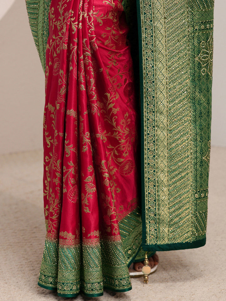 Libas Art Pink Floral Woven Design Satin Saree With Unstitched Blouse Piece