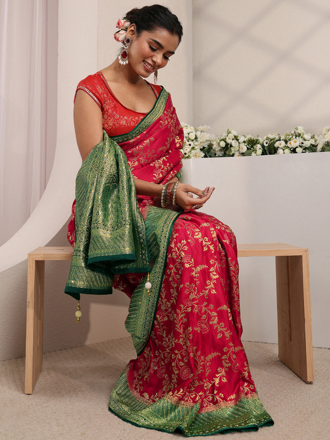 Libas Art Pink Floral Woven Design Satin Saree With Unstitched Blouse Piece