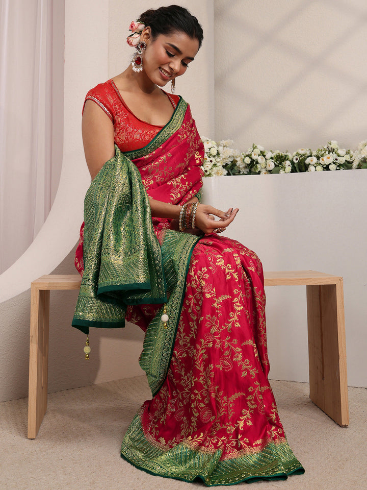 Libas Art Pink Floral Woven Design Satin Saree With Unstitched Blouse Piece