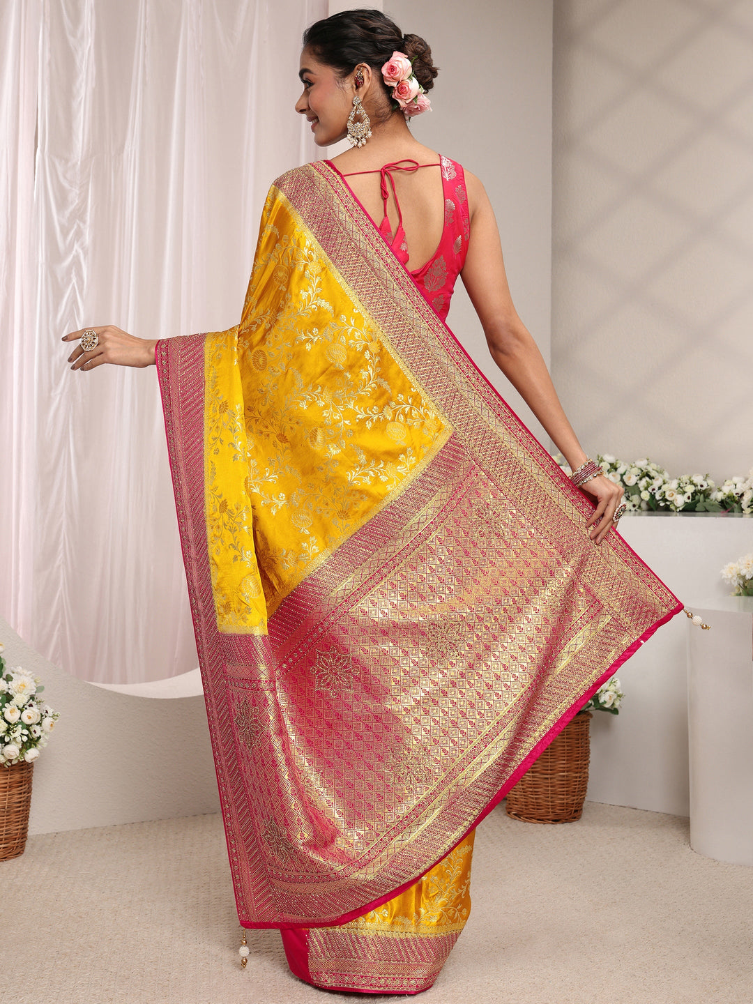 Libas Art Mustard Floral Woven Design Satin Saree With Unstitched Blouse Piece