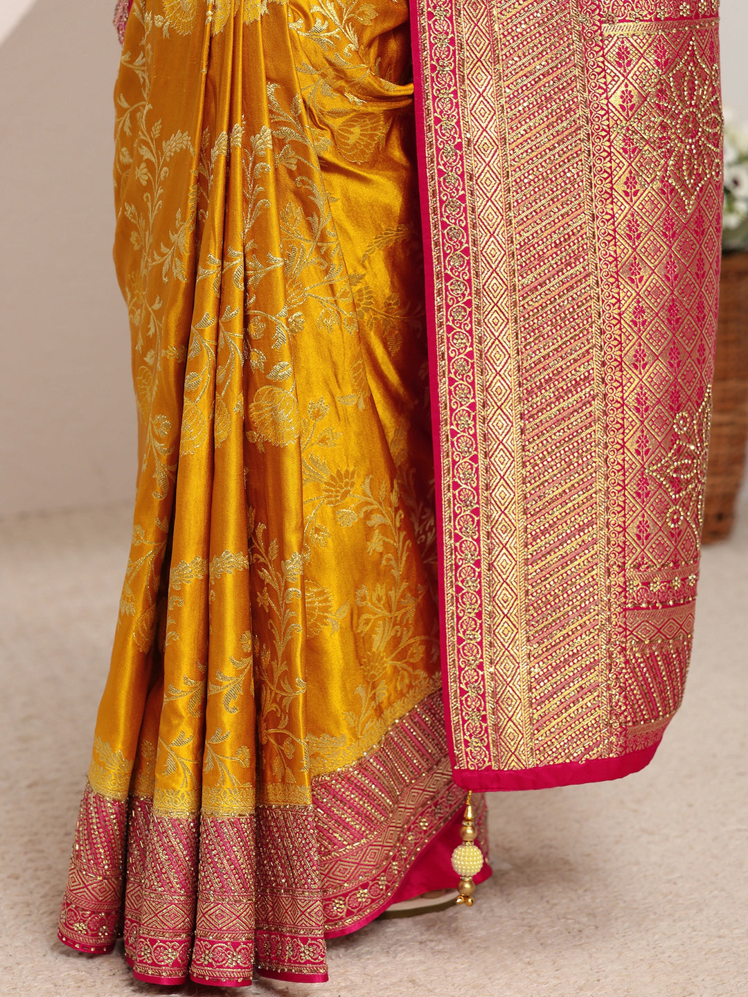 Libas Art Mustard Floral Woven Design Satin Saree With Unstitched Blouse Piece