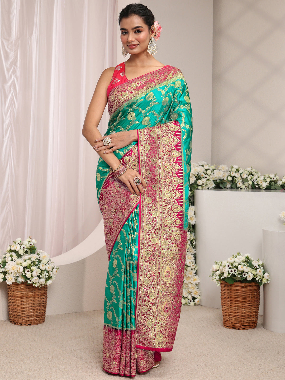 Libas Art Green Floral Woven Design Satin Saree With Unstitched Blouse Piece