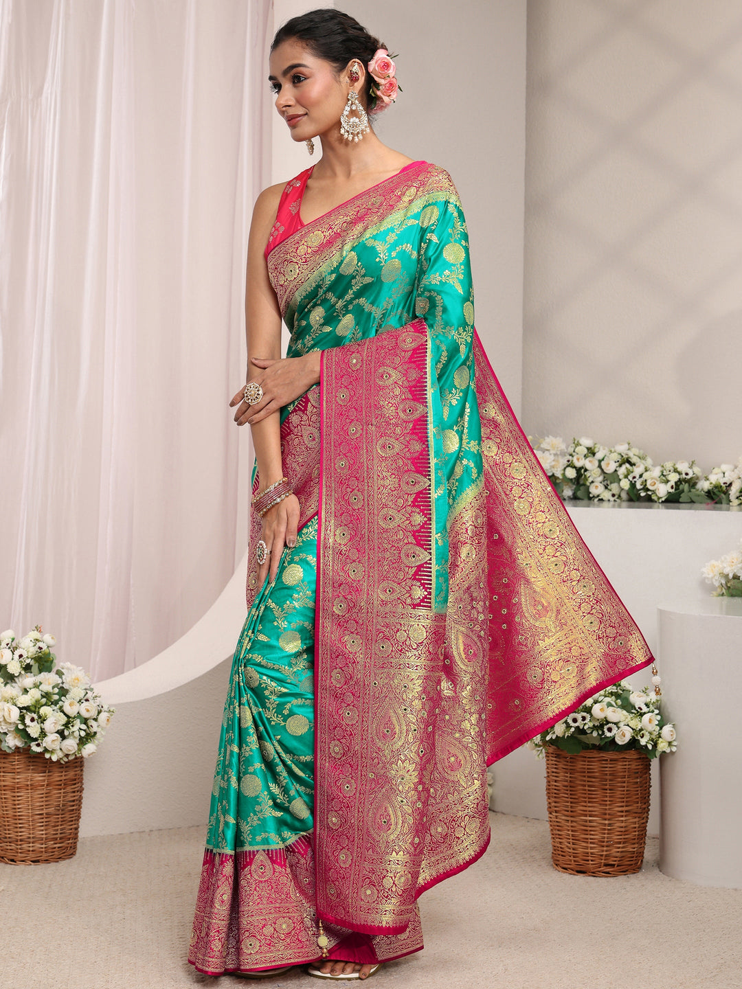 Libas Art Green Floral Woven Design Satin Saree With Unstitched Blouse Piece