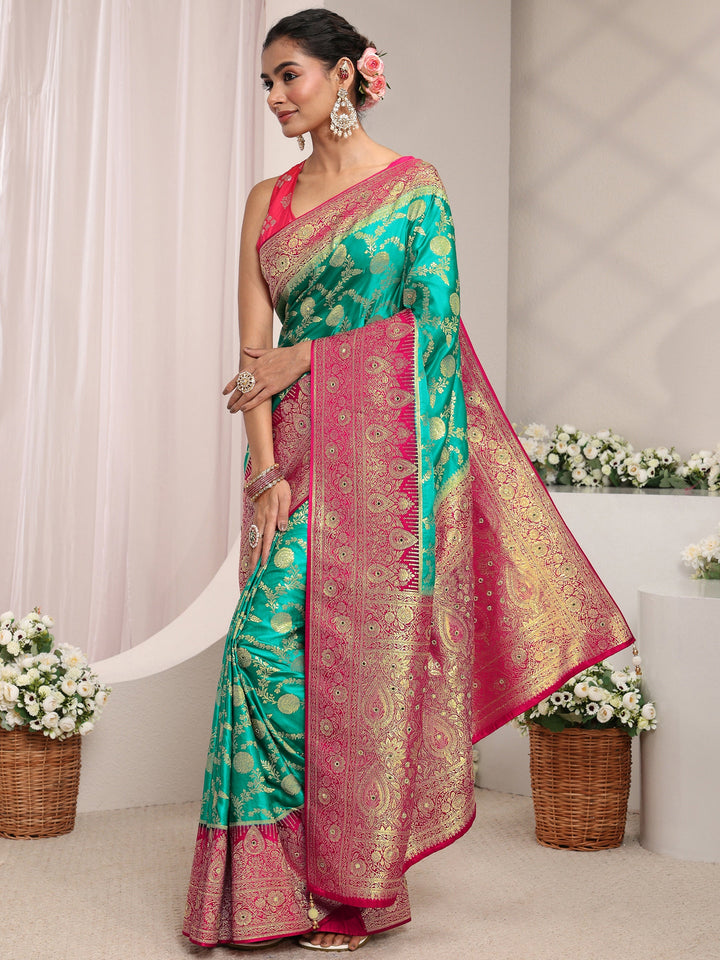 Libas Art Green Floral Woven Design Satin Saree With Unstitched Blouse Piece