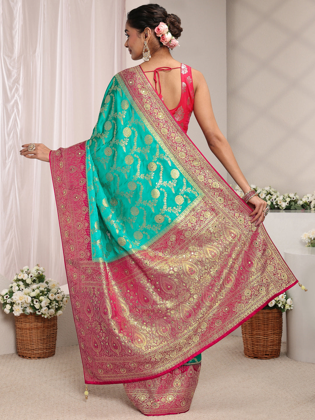 Libas Art Green Floral Woven Design Satin Saree With Unstitched Blouse Piece