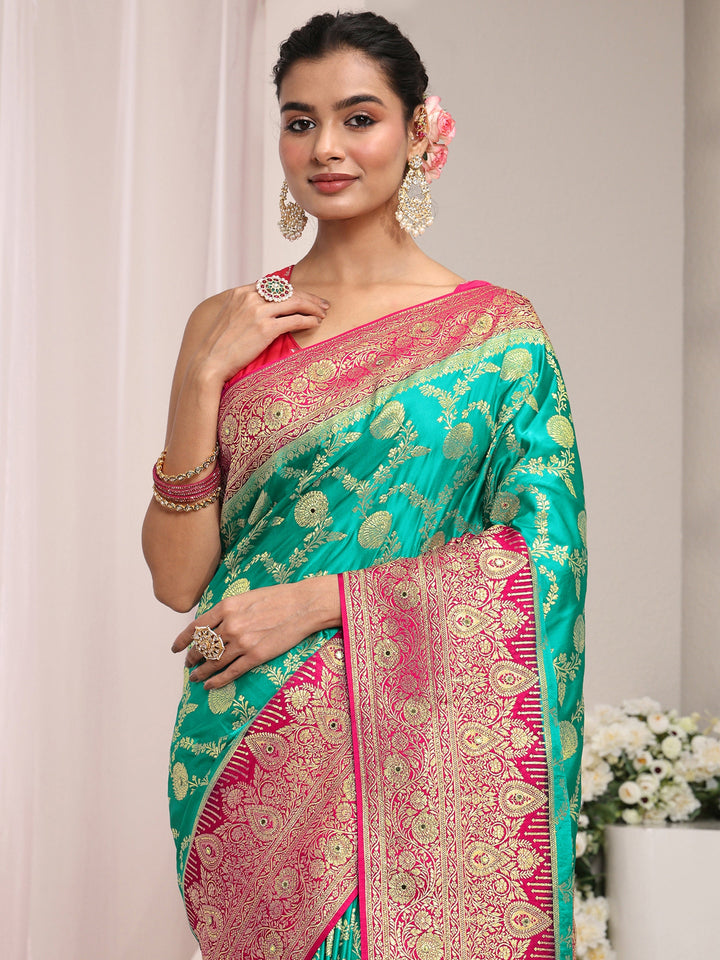 Libas Art Green Floral Woven Design Satin Saree With Unstitched Blouse Piece