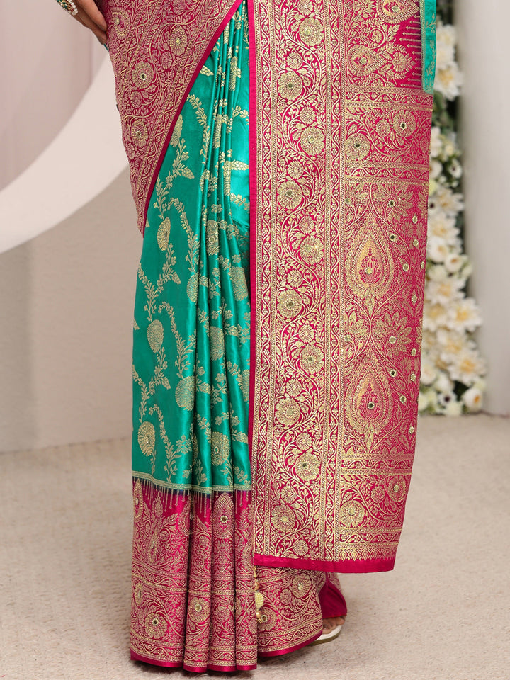 Libas Art Green Floral Woven Design Satin Saree With Unstitched Blouse Piece
