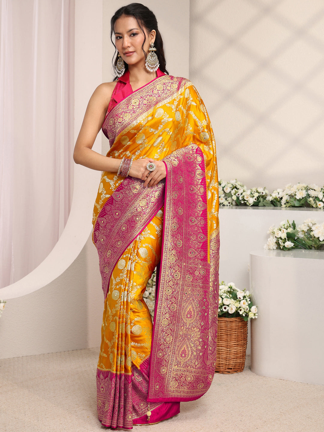 Libas Art Mustard Floral Woven Design Satin Saree With Unstitched Blouse Piece