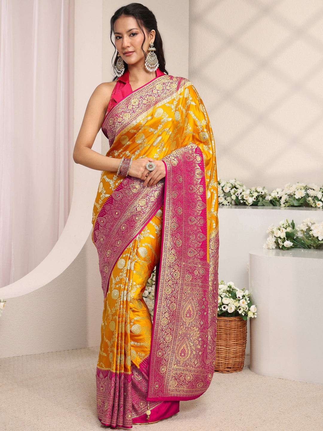 Libas Art Mustard Floral Woven Design Satin Saree With Unstitched Blouse Piece