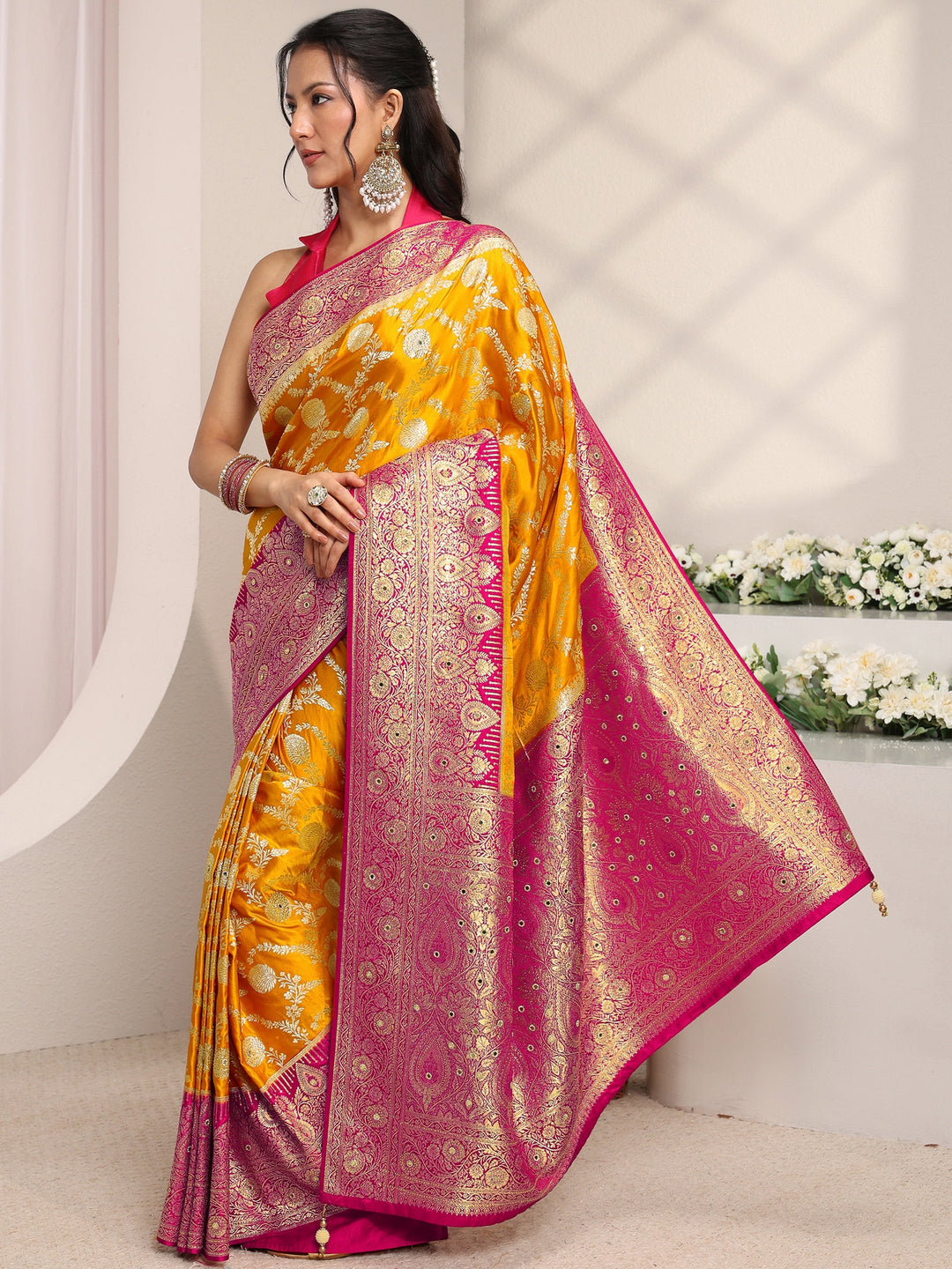 Libas Art Mustard Floral Woven Design Satin Saree With Unstitched Blouse Piece
