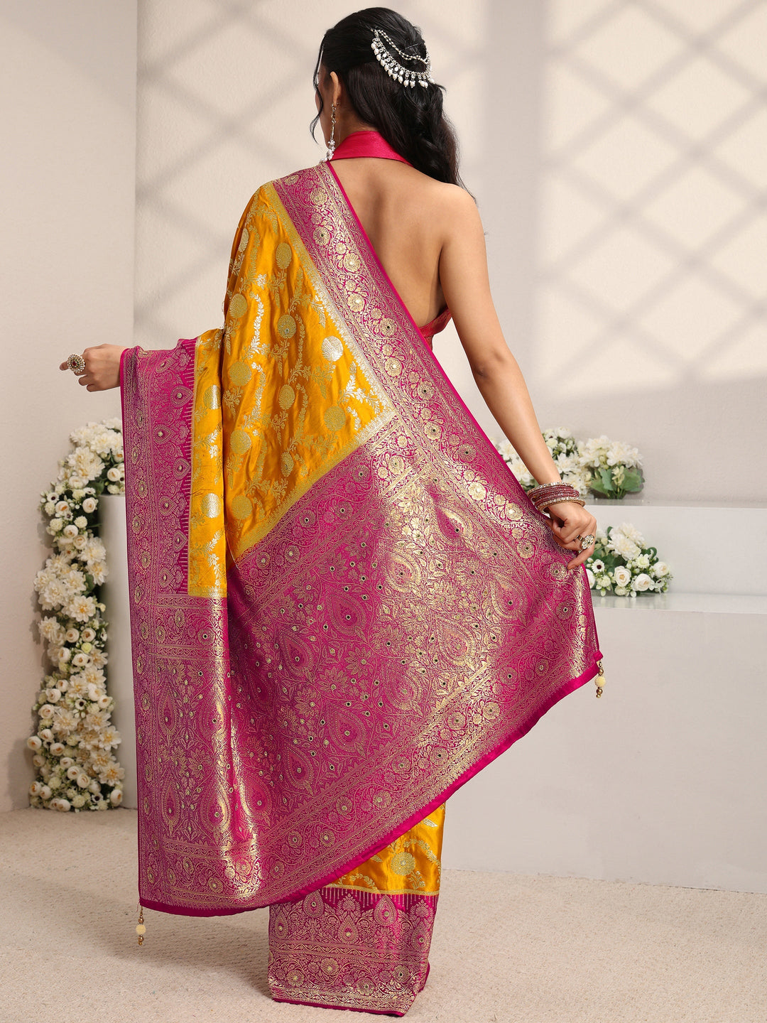 Libas Art Mustard Floral Woven Design Satin Saree With Unstitched Blouse Piece