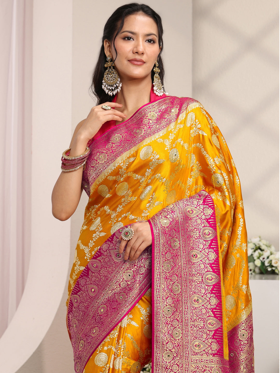 Libas Art Mustard Floral Woven Design Satin Saree With Unstitched Blouse Piece