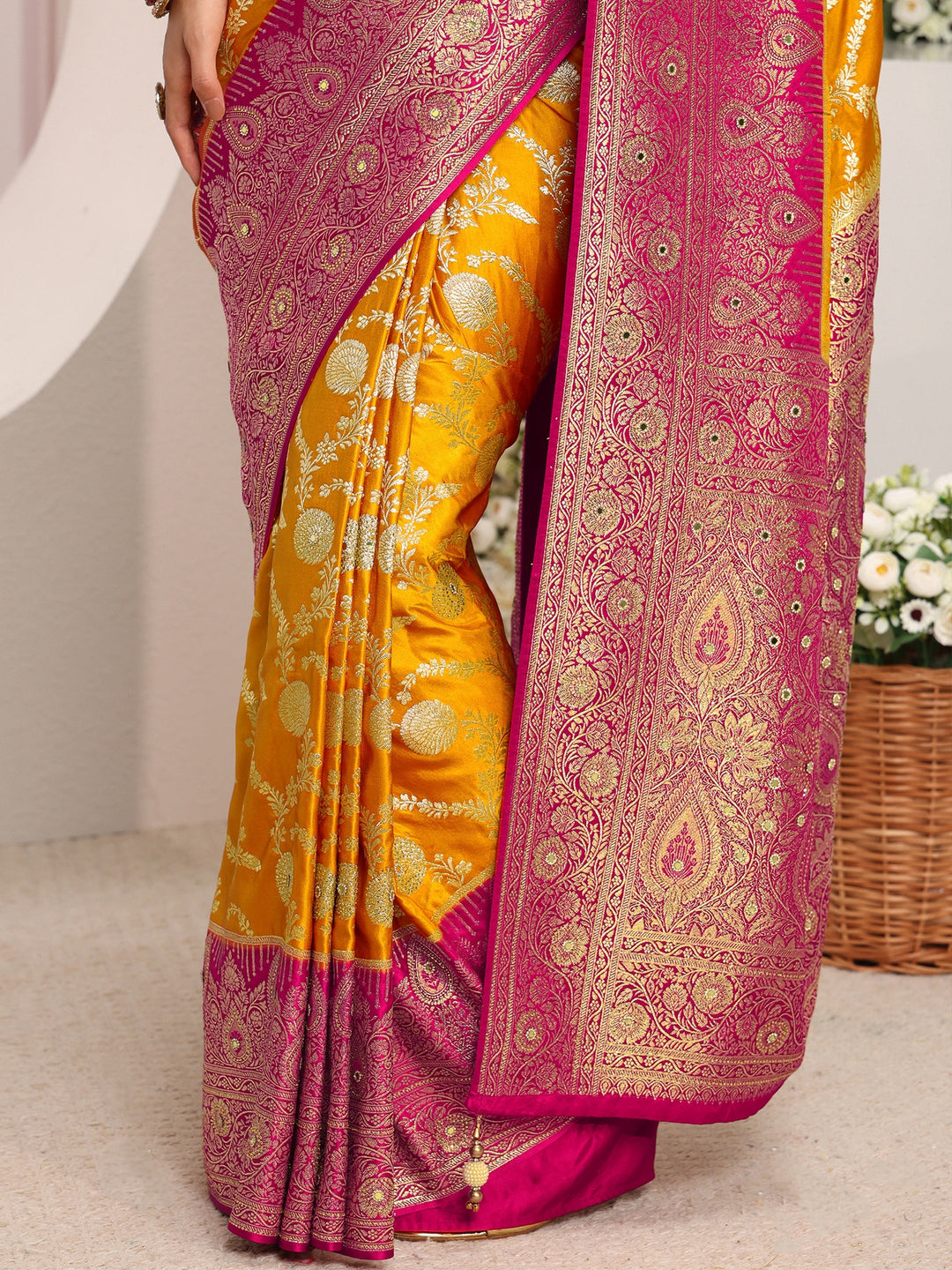 Libas Art Mustard Floral Woven Design Satin Saree With Unstitched Blouse Piece