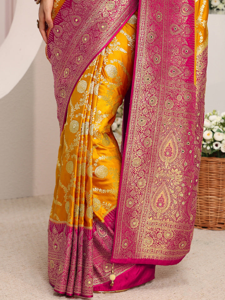 Libas Art Mustard Floral Woven Design Satin Saree With Unstitched Blouse Piece