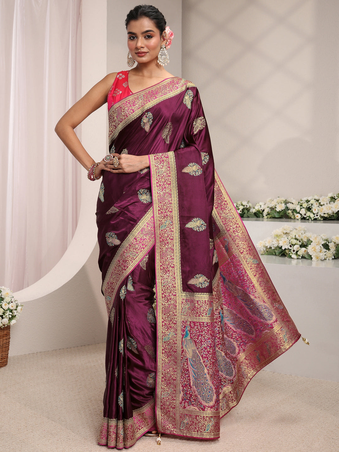 Libas Art Burgundy Ethnic Woven Design Satin Saree With Unstitched Blouse Piece