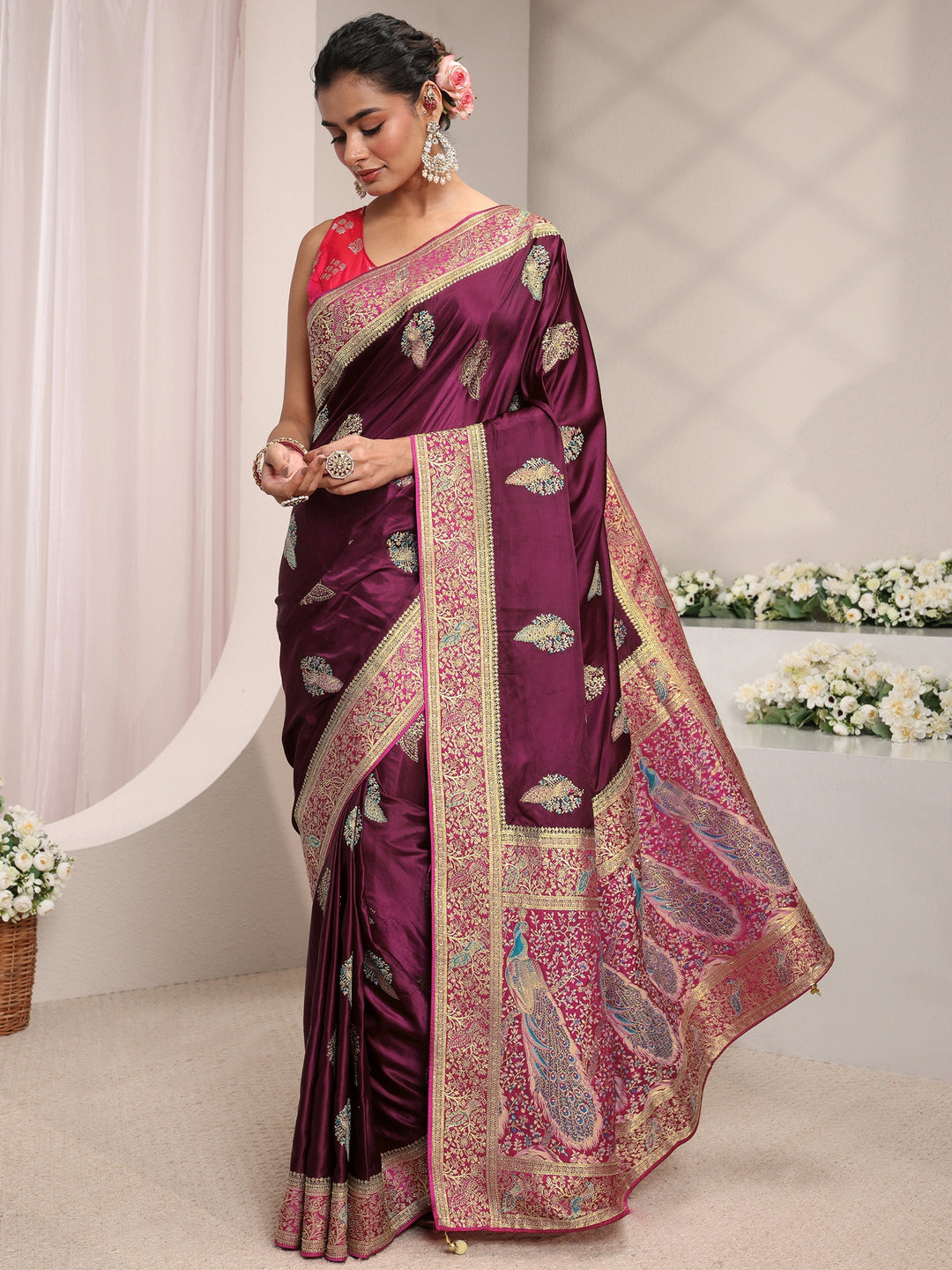 Libas Art Burgundy Ethnic Woven Design Satin Saree With Unstitched Blouse Piece