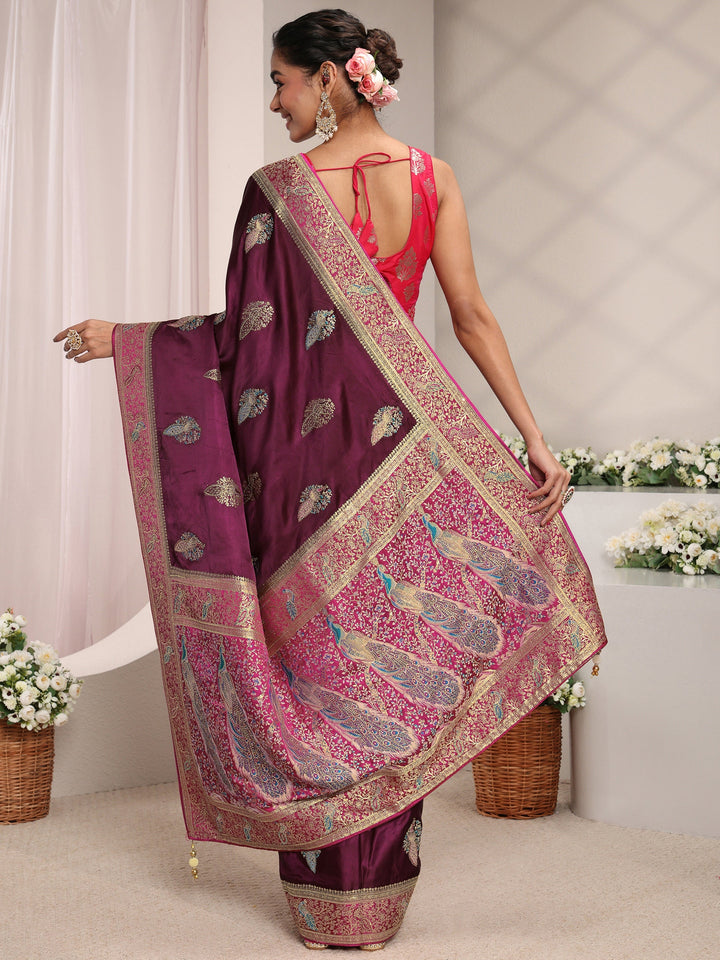 Libas Art Burgundy Ethnic Woven Design Satin Saree With Unstitched Blouse Piece