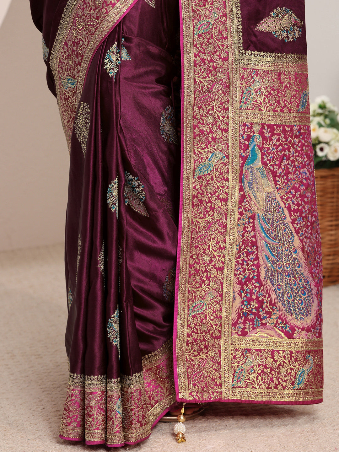 Libas Art Burgundy Ethnic Woven Design Satin Saree With Unstitched Blouse Piece