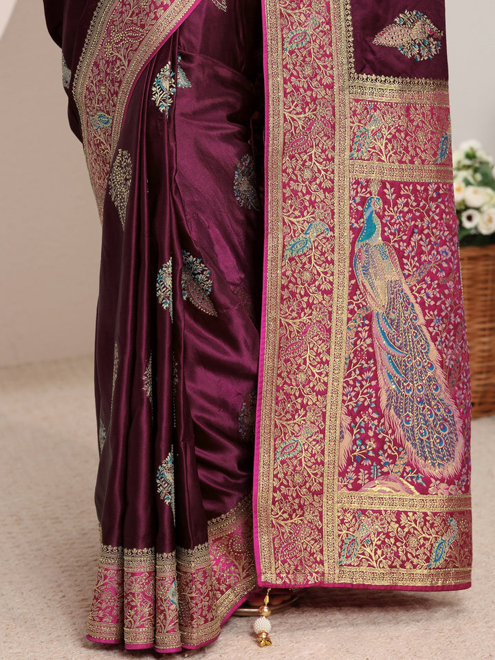 Libas Art Burgundy Ethnic Woven Design Satin Saree With Unstitched Blouse Piece