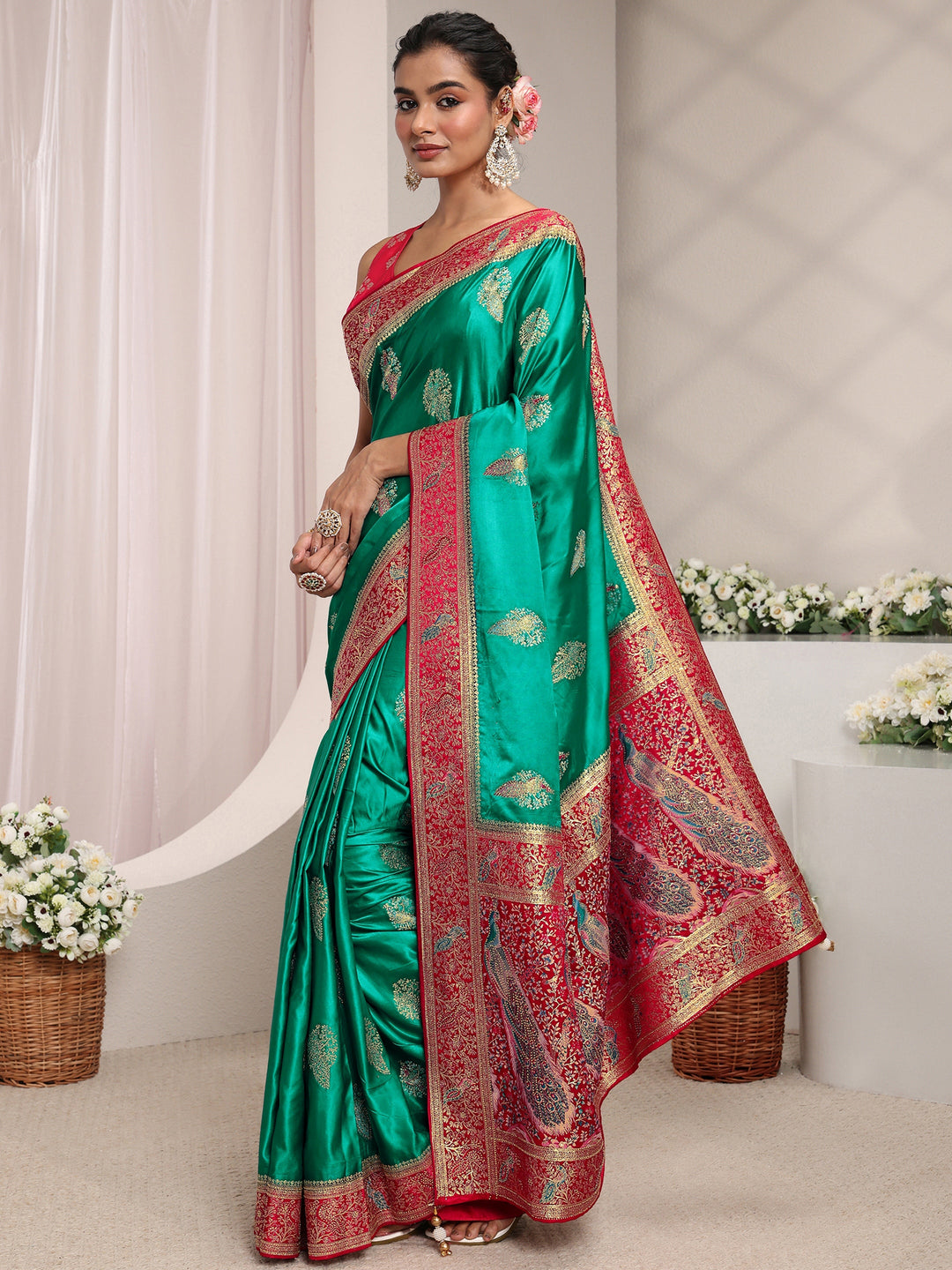 Libas Art Green Ethnic Woven Design Satin Saree With Unstitched Blouse Piece