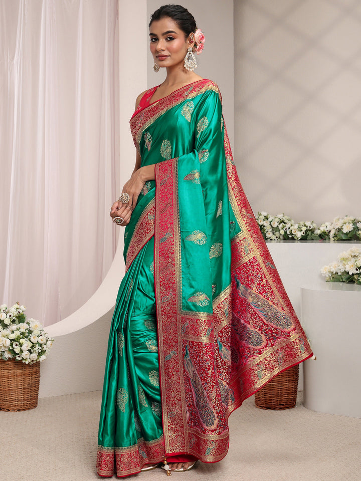 Libas Art Green Ethnic Woven Design Satin Saree With Unstitched Blouse Piece