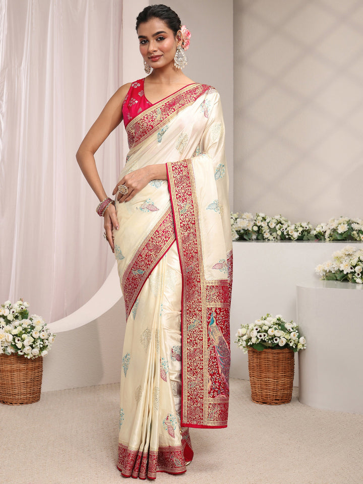 Libas Art Ivory Ethnic Woven Design Satin Saree With Unstitched Blouse Piece