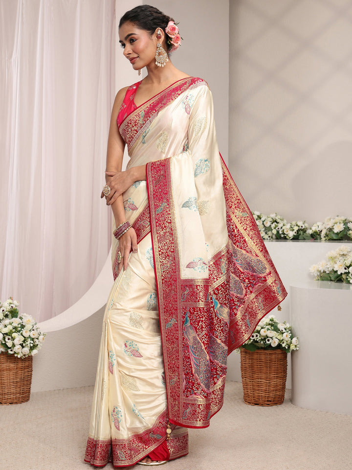 Libas Art Ivory Ethnic Woven Design Satin Saree With Unstitched Blouse Piece