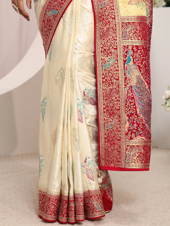 Libas Art Ivory Ethnic Woven Design Satin Saree With Unstitched Blouse Piece