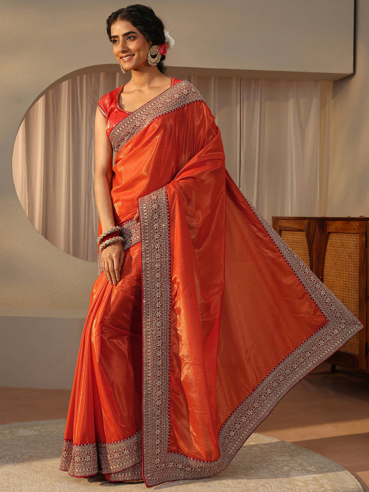 Orange Embellished Border Glossy Satin Saree