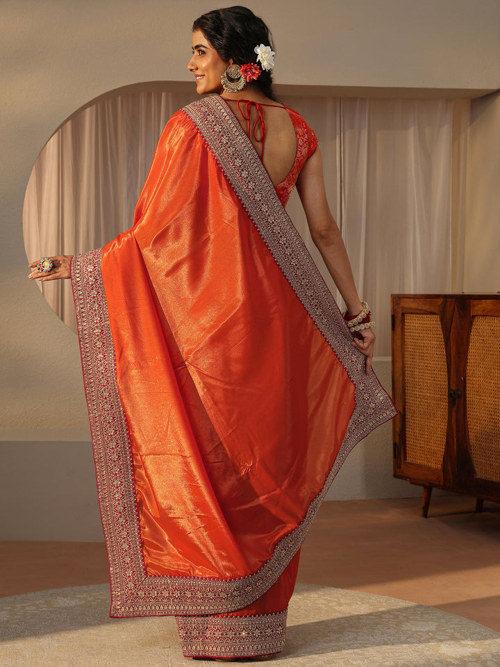 Orange Embellished Border Glossy Satin Saree