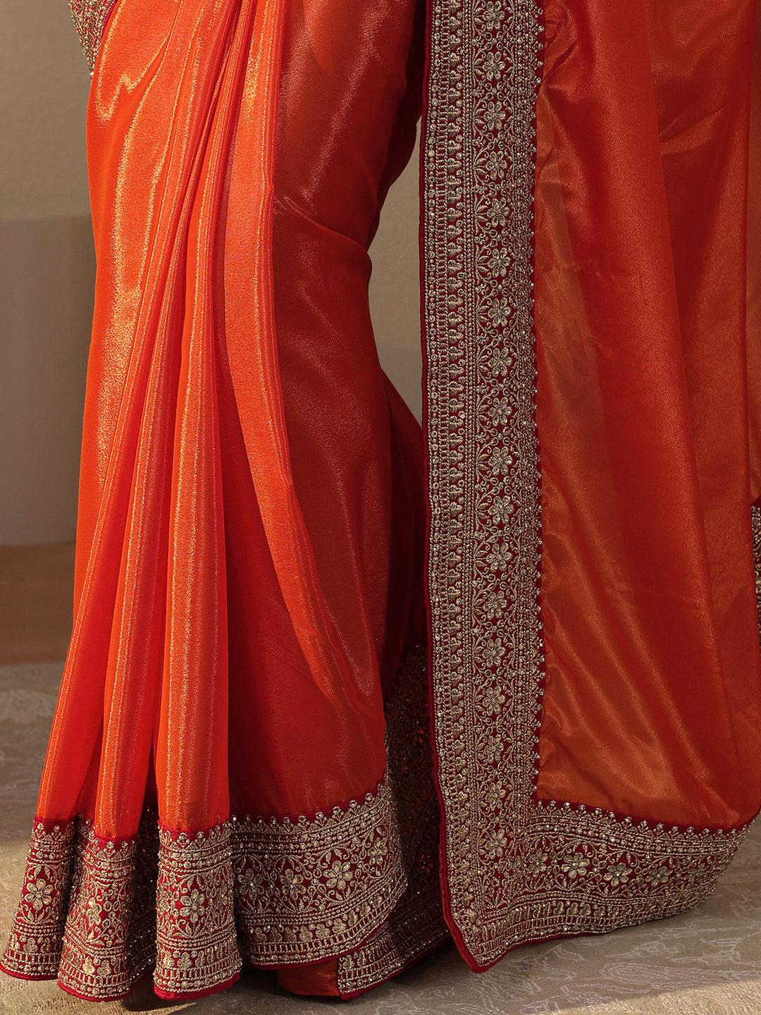 Orange Embellished Border Glossy Satin Saree