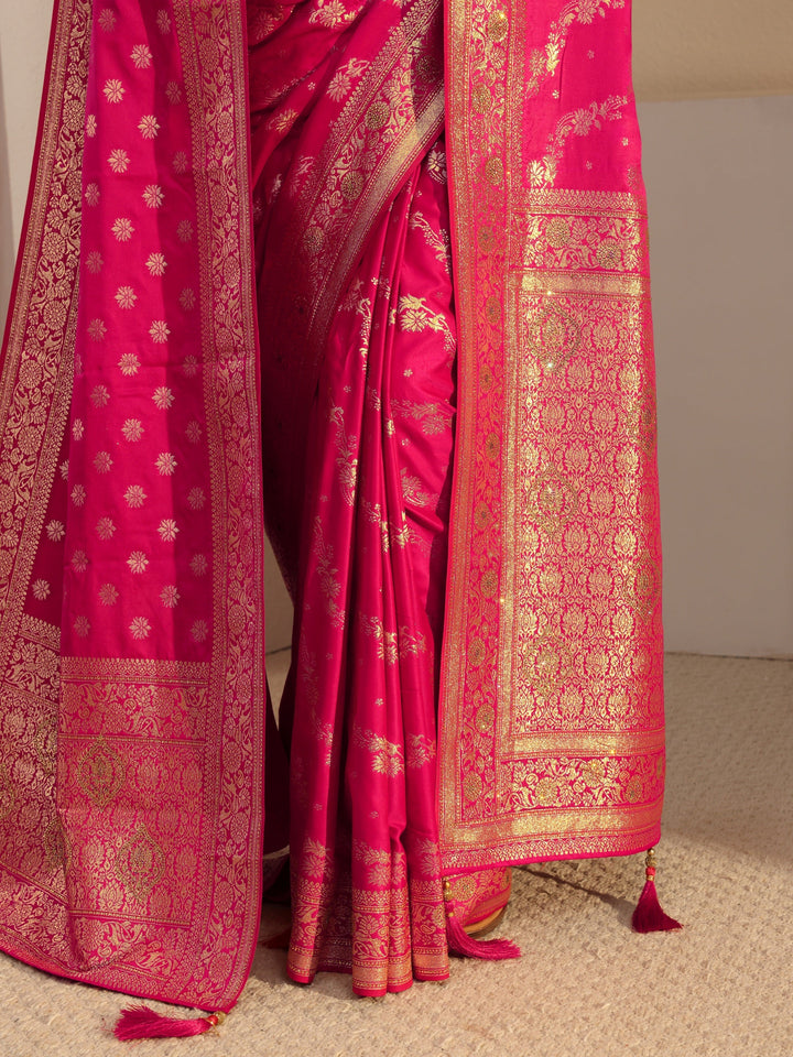 Libas Pink Banarasi Satin Saree With Unstiched Blouse Piece And Dupatta