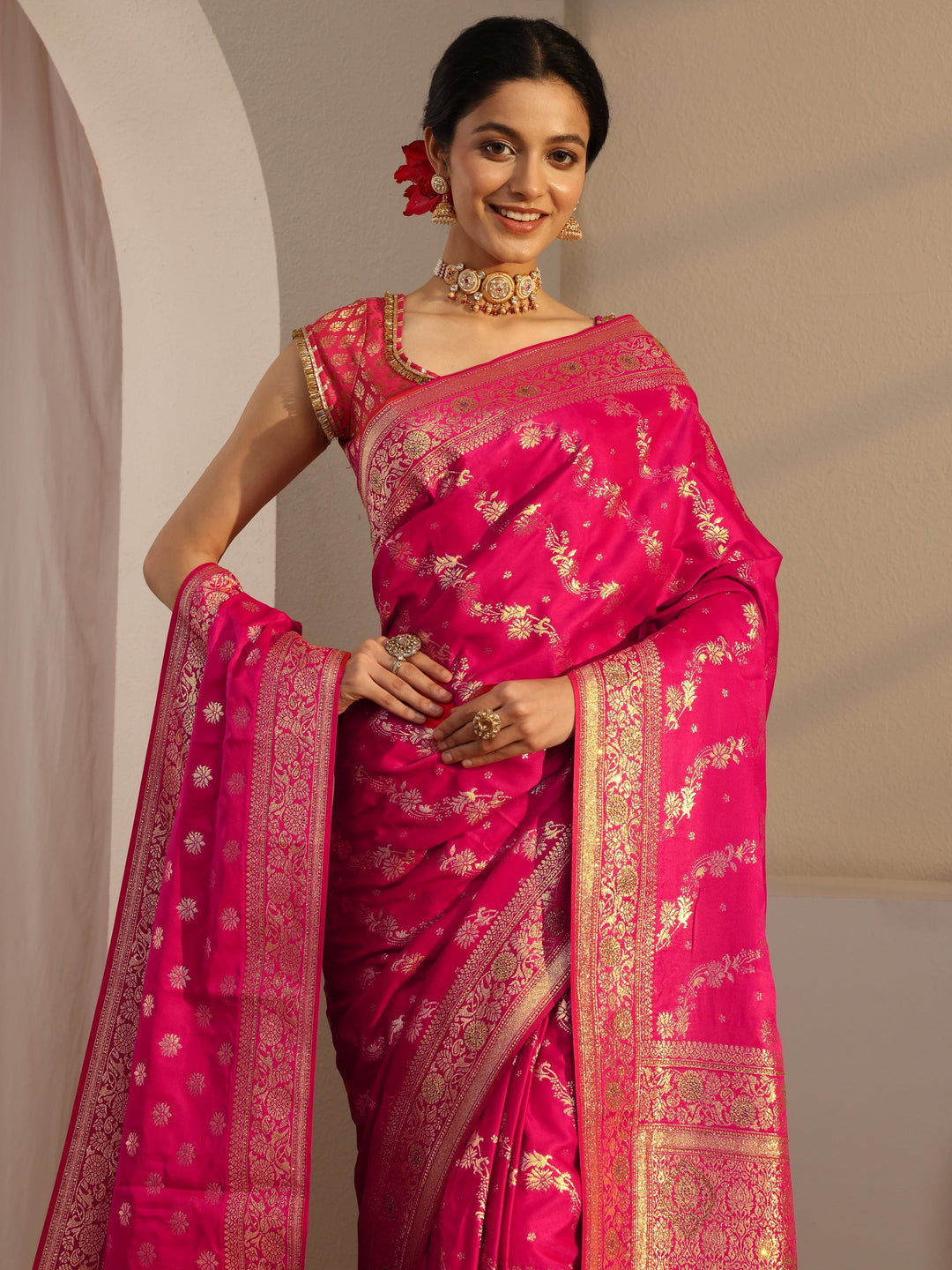 Pink Banarasi Satin Saree With Unstiched Blouse Piece And Dupatta