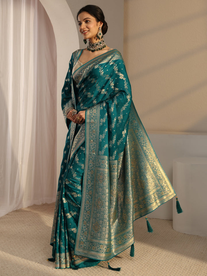 Green Banarasi Satin Saree With Unstiched Blouse Piece And Dupatta