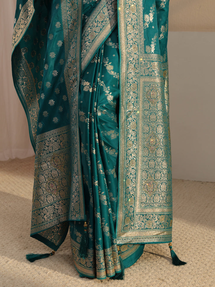 Green Banarasi Satin Saree With Unstiched Blouse Piece And Dupatta