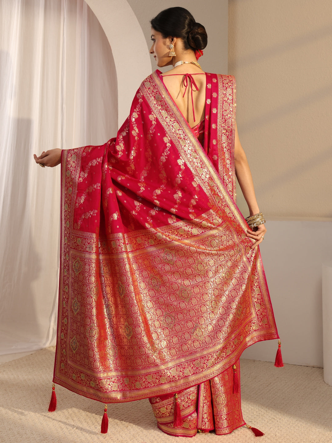 Libas Red Banarasi Satin Saree With Unstiched Blouse Piece And Dupatta