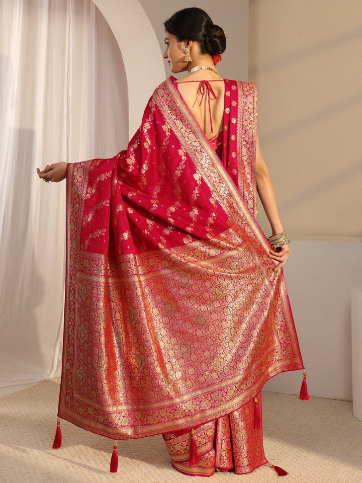 Libas Red Banarasi Satin Saree With Unstiched Blouse Piece And Dupatta