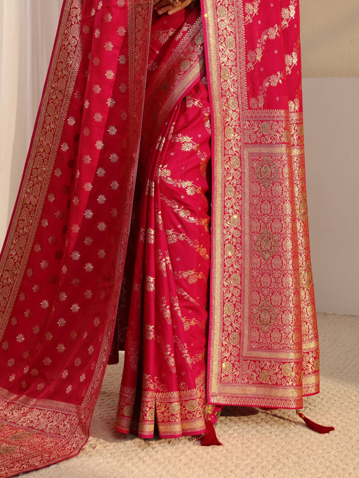 Libas Red Banarasi Satin Saree With Unstiched Blouse Piece And Dupatta