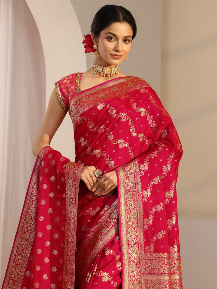 Red Banarasi Satin Saree With Unstiched Blouse Piece And Dupatta