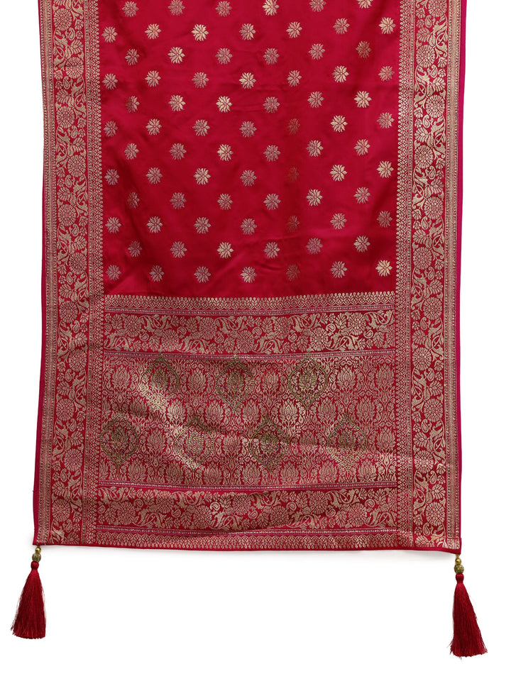 Libas Red Banarasi Satin Saree With Unstiched Blouse Piece And Dupatta